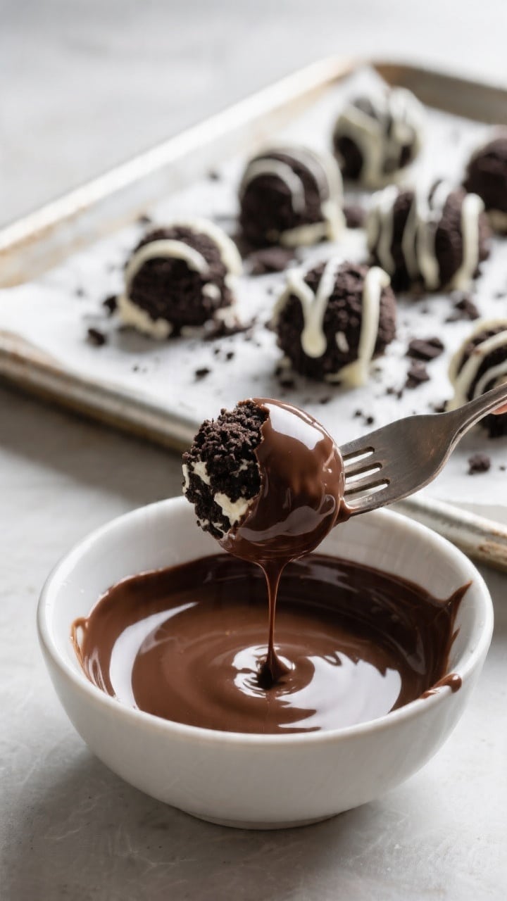 Cooking process close-up: Chilled Oreo-cream cheese truffle balls being dipped in glossy melted semi