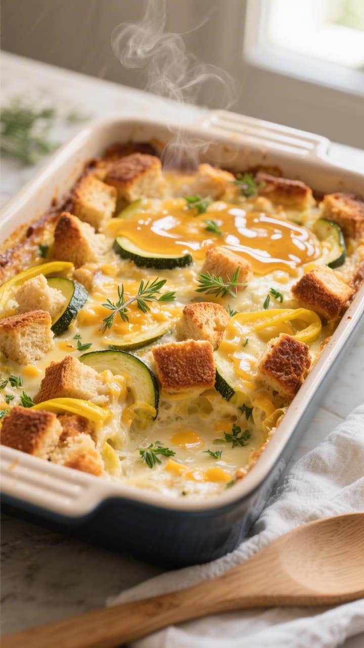 Cooking process, close-up detail: Golden-edged bread pudding just out of the oven in a 9x13 ceramic 