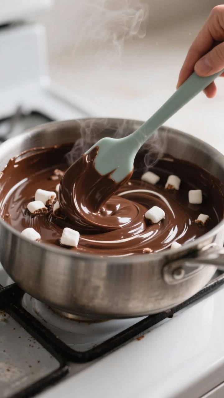 Cooking process close-up: Glossy marshmallow fudge mixture being stirred in a heavy-bottomed saucepa