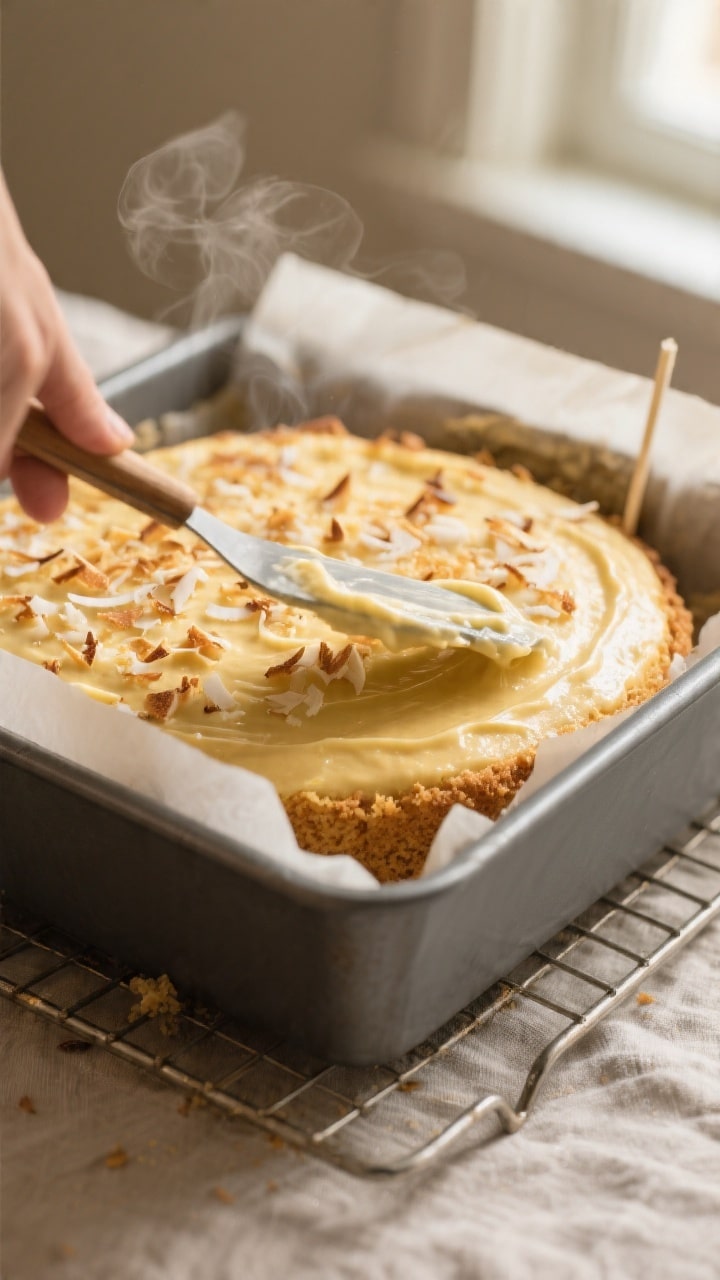 Cooking process close-up: Golden-topped coconut cake just out of the oven in an 8-inch square pan li