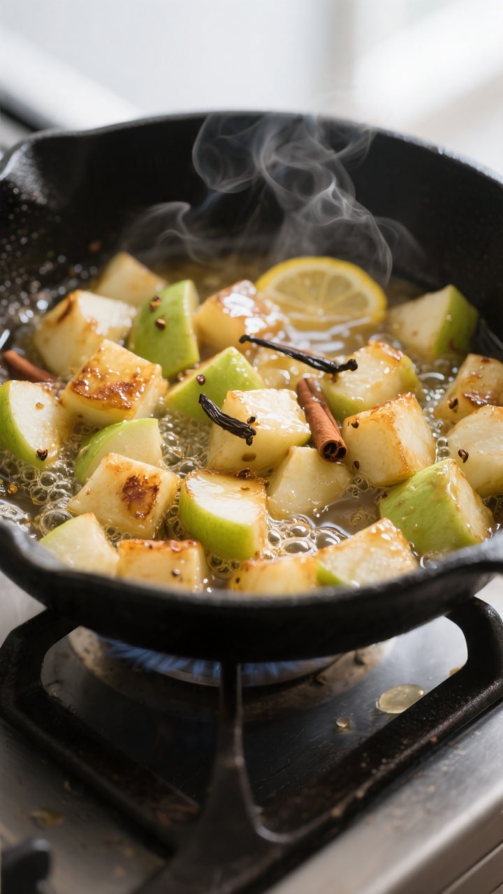 Cooking process close-up: In a matte black skillet on the stovetop, the keto “apple” filling sim