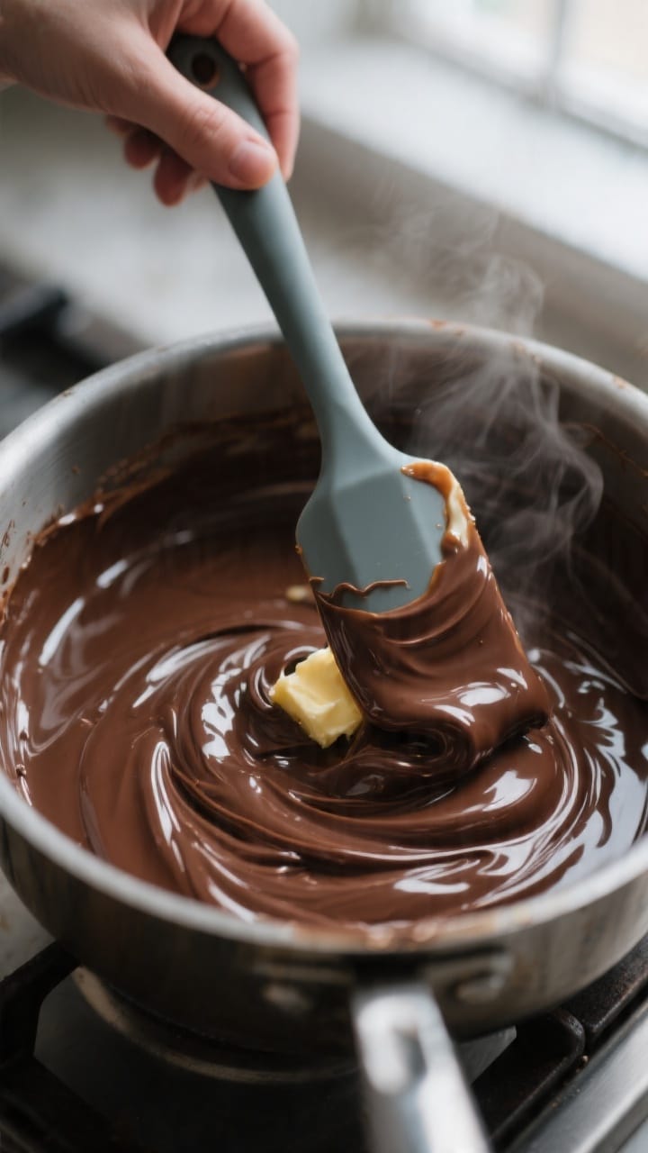 Cooking process close-up: Melted chocolate fudge mixture being stirred off-heat in a medium saucepan