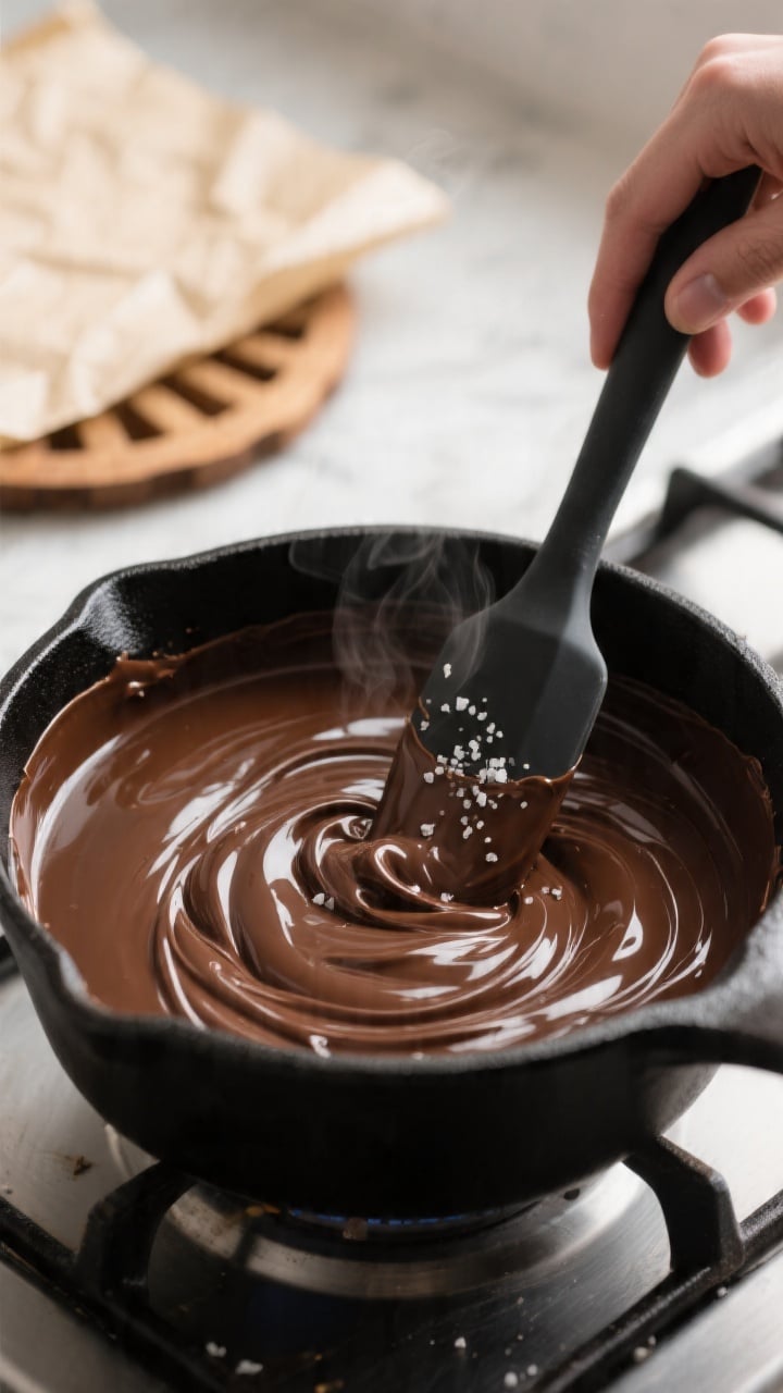 Cooking process close-up: Melted fudge mixture being stirred in a matte black saucepan over low heat
