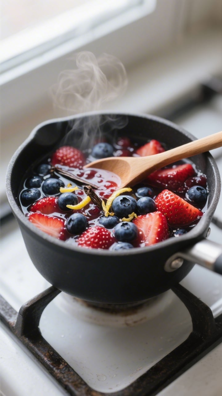 Cooking process close-up: Mixed berry compote gently simmering in a small matte-black saucepan, berr