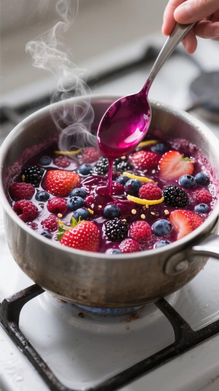 Cooking process close-up: Mixed berry summer pudding filling simmering in a saucepan, glossy deep ma