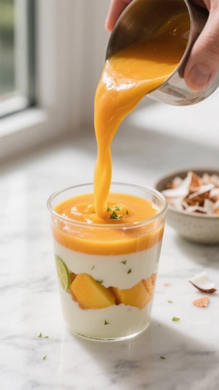 Cooking process close-up: Silky mango puree being poured in a slow ribbon along the inside wall of a