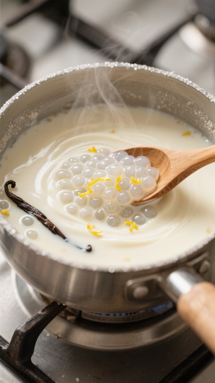 Cooking process close-up: Silky tapioca custard mid-simmer in a stainless saucepan, pearls mostly tr