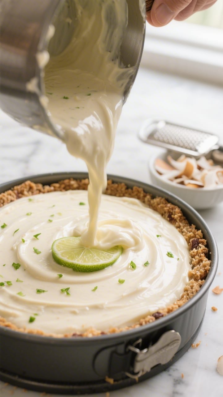 Cooking process close-up: Silky vegan coconut-lime cheesecake filling being poured into a lined 8-in