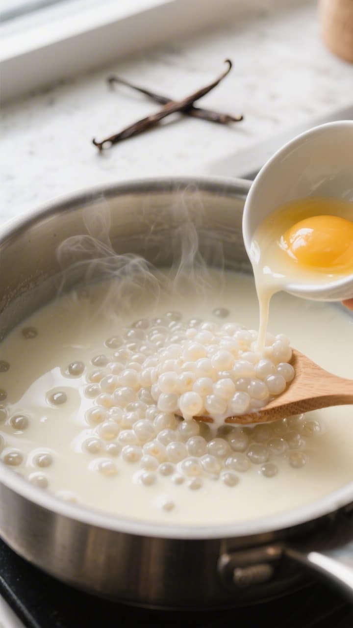 Cooking process close-up: Small pearl tapioca simmering in a creamy vanilla custard base in a matte 