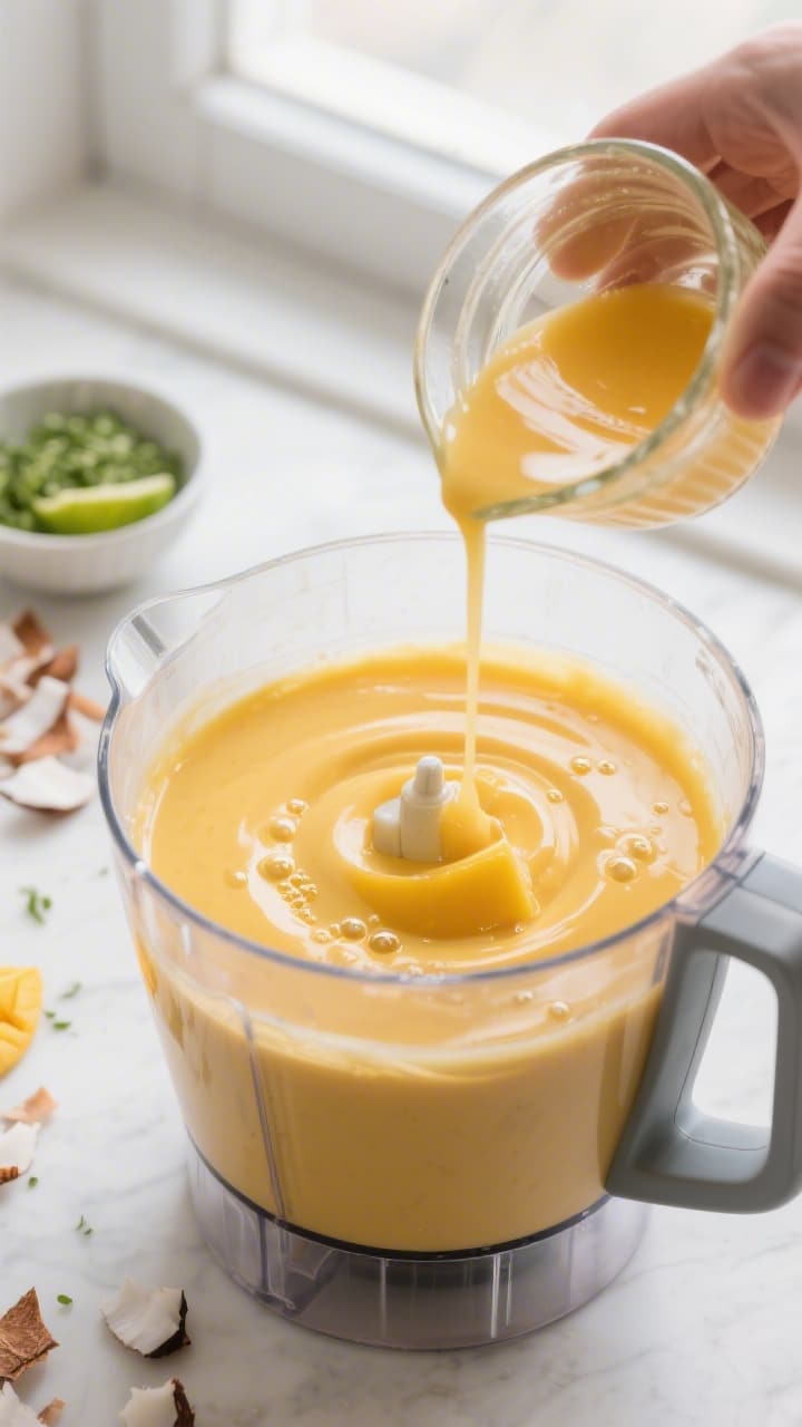 Cooking process close-up: Warm mango-coconut pudding base being blended silky-smooth, with a small s