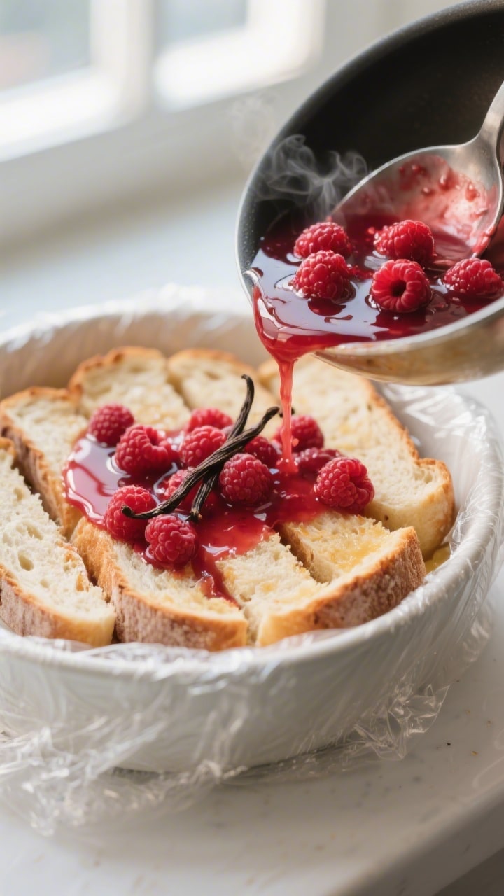 Cooking process close-up: Warm raspberry-vanilla compote ladled over juice-dipped bread strips linin