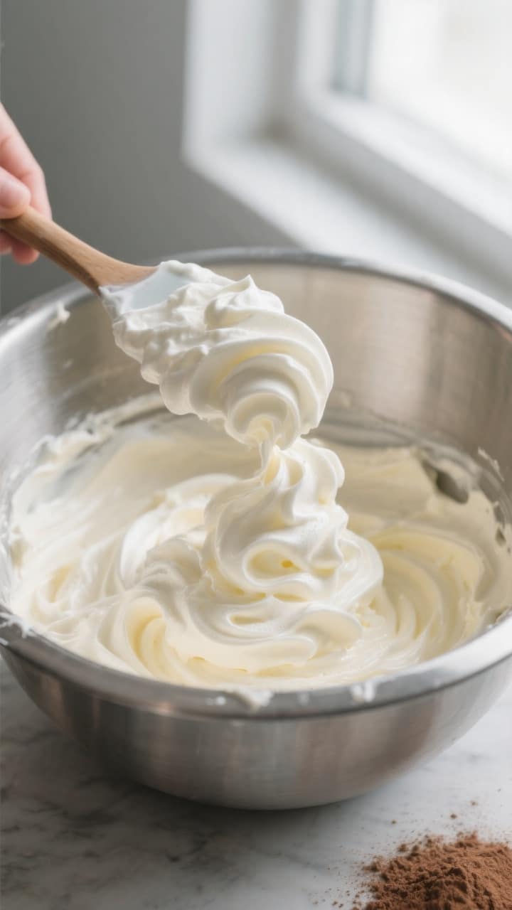 Cooking process — Folding to achieve airy texture: Close-up of keto fluff being gently folded in a