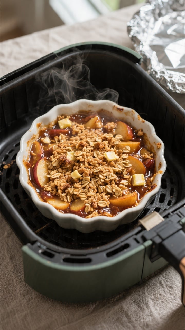 Cooking process, overhead: Overhead shot of an air fryer basket holding a small round oven-safe dish
