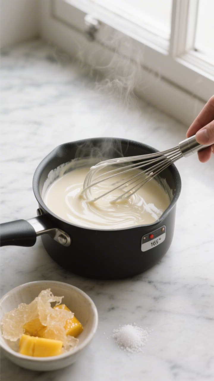 Cooking process, overhead shot: Warm dairy base for Creamy Mango Summer Pudding in a matte black sau