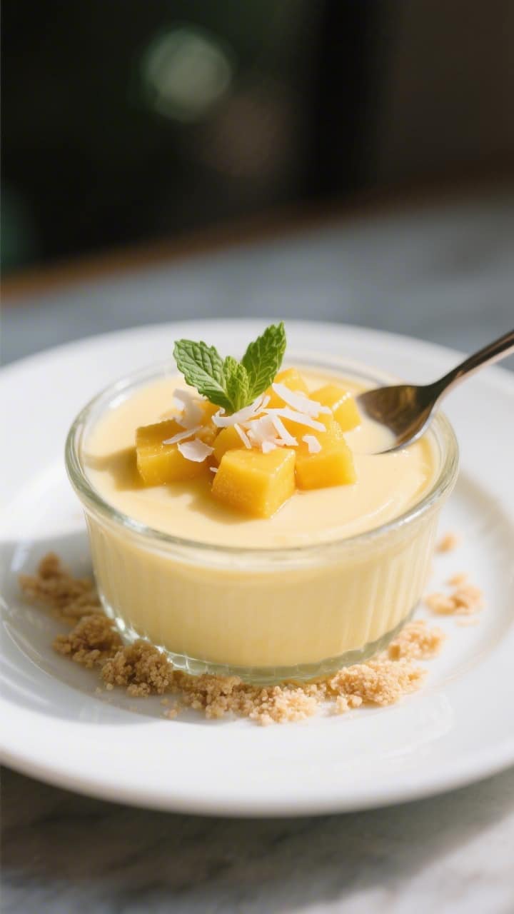 Final dish, close-up detail: Individual glass ramekin of Creamy Mango Summer Pudding softly set and 