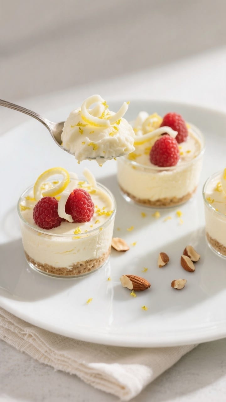 Final dish — Lemon Cheesecake variation, top-down elegance: Overhead shot of chilled keto fluff sp