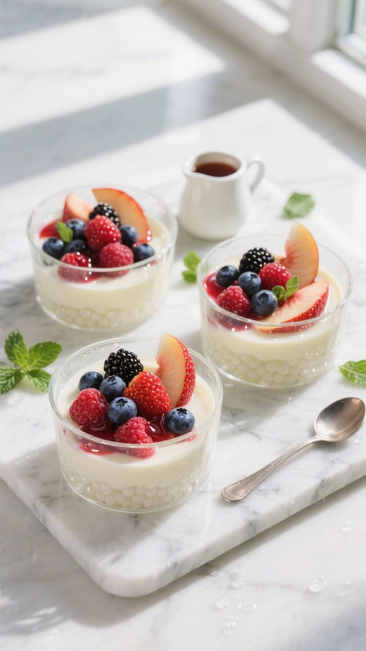 Final dish overhead: Chilled Creamy Tapioca Summer Fruit Pudding in clear glass dessert cups on a co
