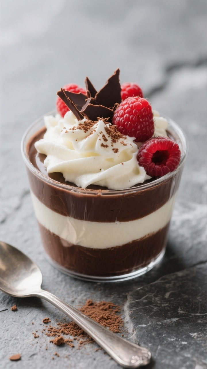 Final dish overhead: Elegant layered keto pudding in small clear dessert cups—dark, rich chocolate