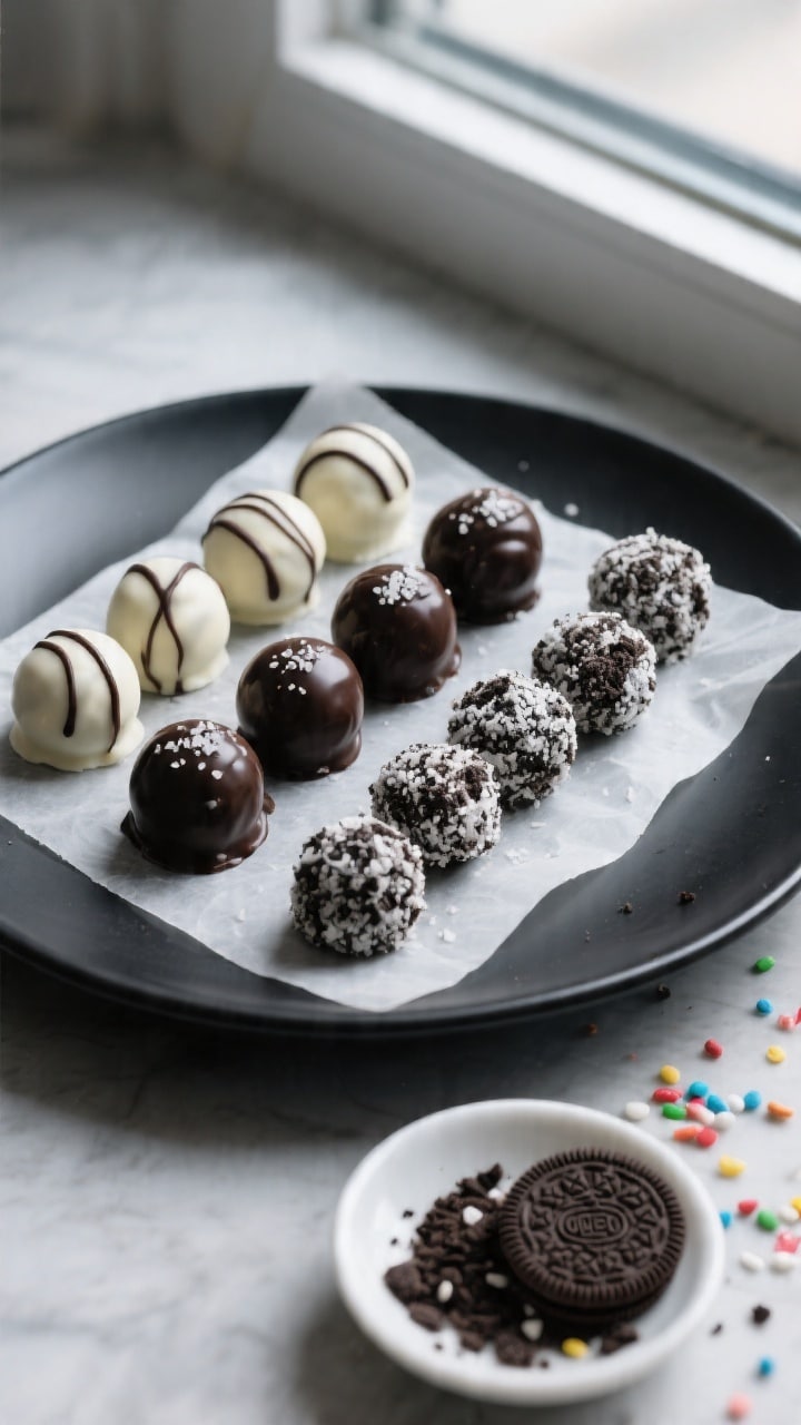Final dish overhead: Elegant top-down shot of assorted Oreo truffles set and glossy—some coated in