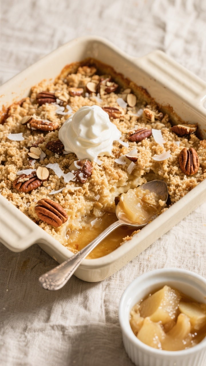 Final dish overhead: Golden keto “apple” crumble just out of the oven in an 8x8 cream-colored ba