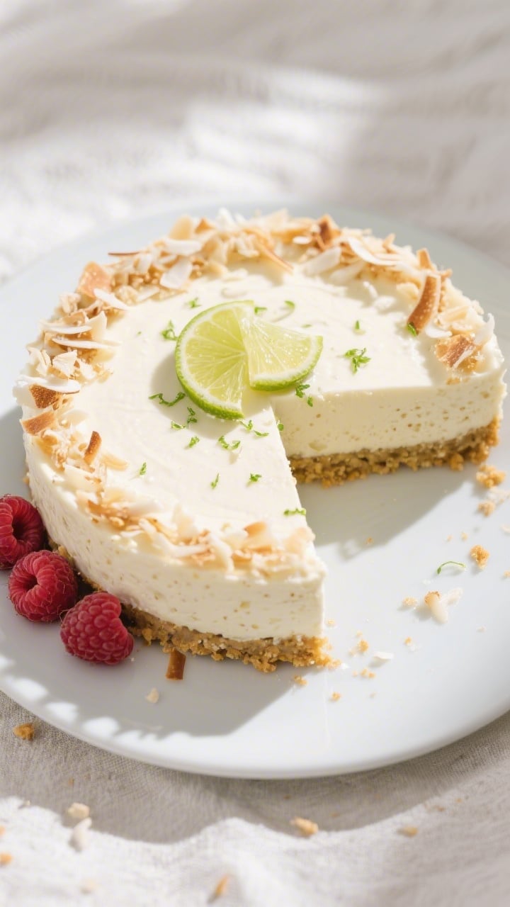 Final dish overhead: No-bake Vegan Coconut Lime Cheesecake fully set and sliced cleanly, top dusted 