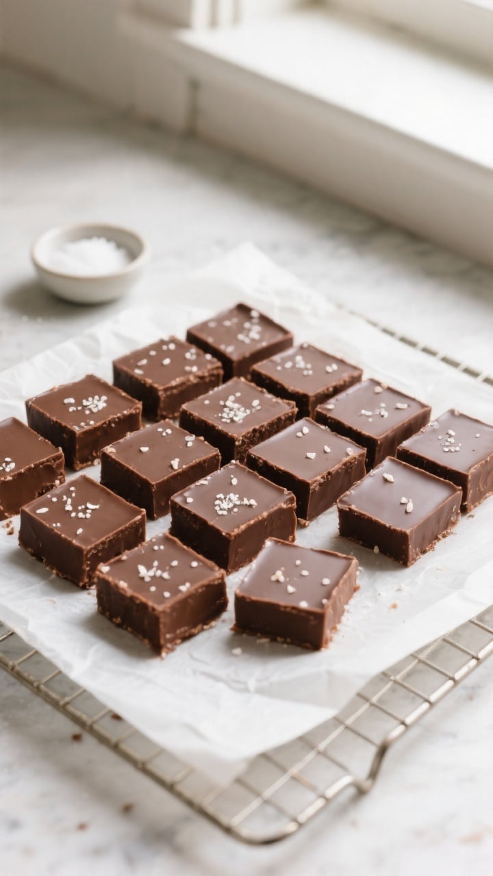 Final dish overhead: Overhead shot of neatly sliced 1-inch squares of 3-ingredient marshmallow fudge