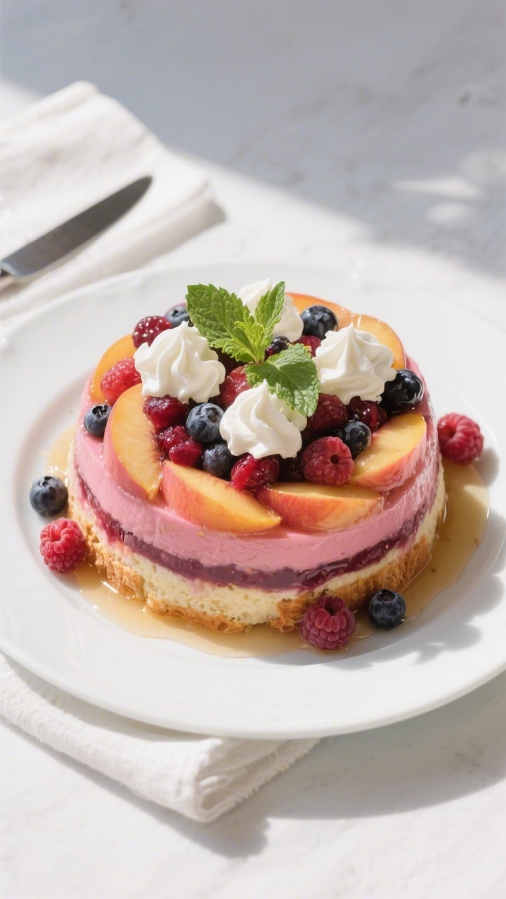 Final dish overhead: Overhead shot of the unmolded Peach and Berry Layered Summer Pudding on a white