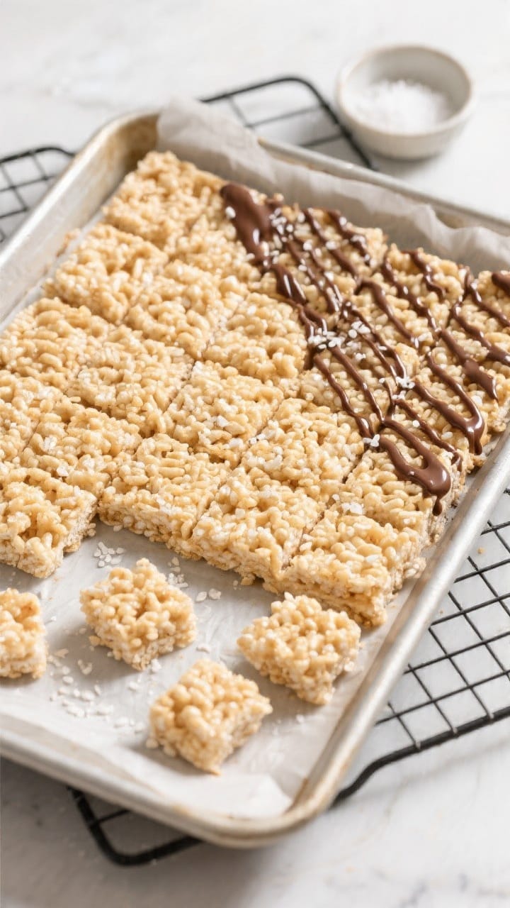 Final dish/overhead: Perfectly set Rice Krispie Treats sliced into even squares in a parchment-lined