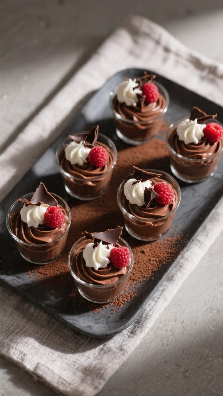 Final dish, overhead presentation: Top-down shot of set chocolate mousse spooned into small clear gl
