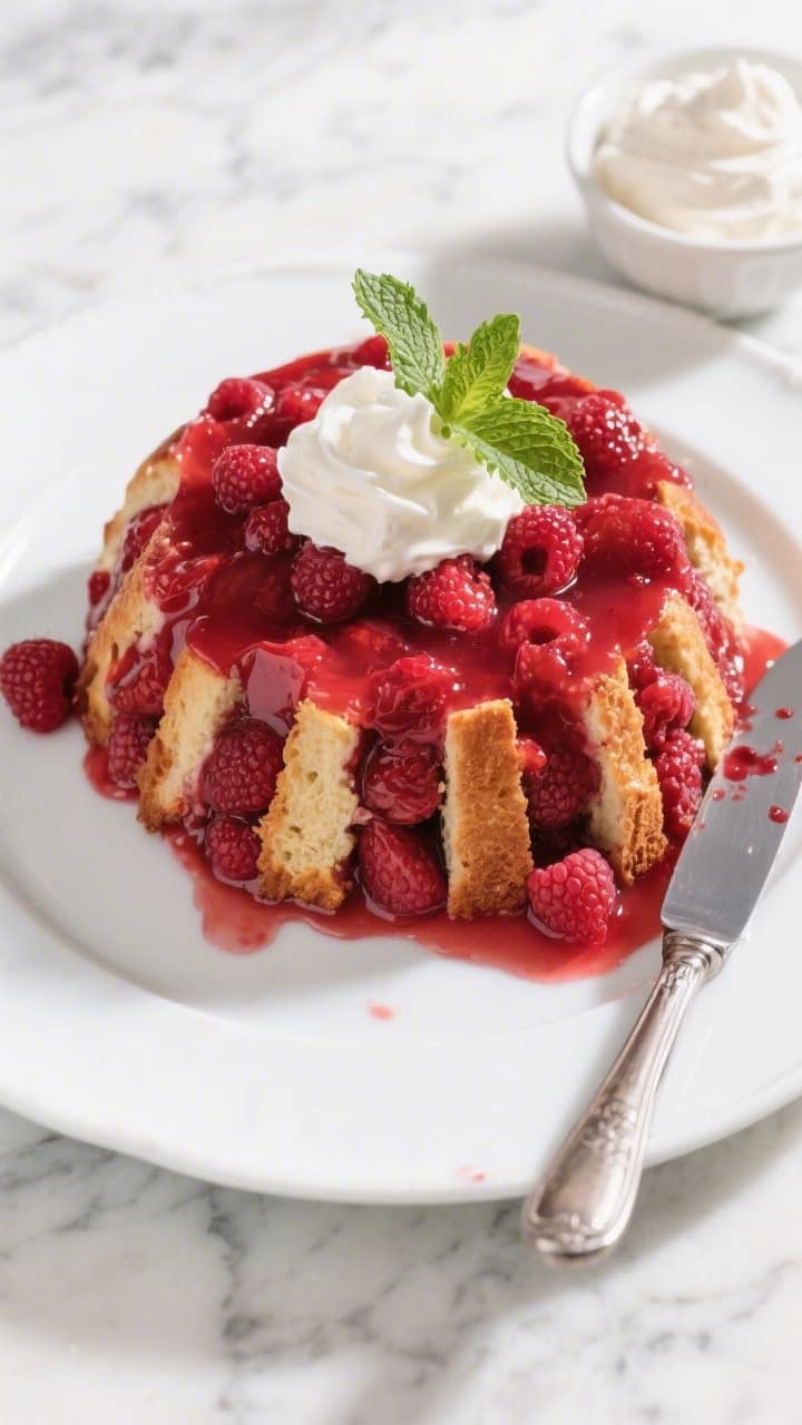 Final dish overhead: Raspberry Vanilla Summer Pudding unmolded with an even ruby-red sheen, neat sli