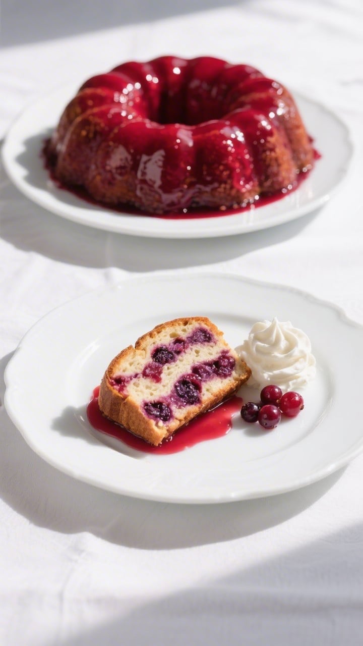 Final dish overhead: Tasty top-down shot of a fully set Classic British Summer Berry Pudding unmolde