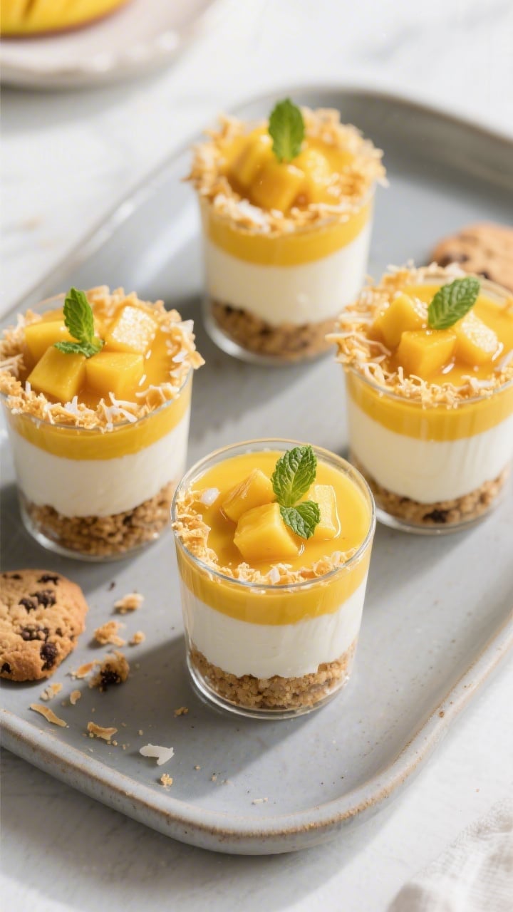 Final dish overhead: Tasty top-view shot of assembled Quick Mango and Coconut Dessert Cups with dist