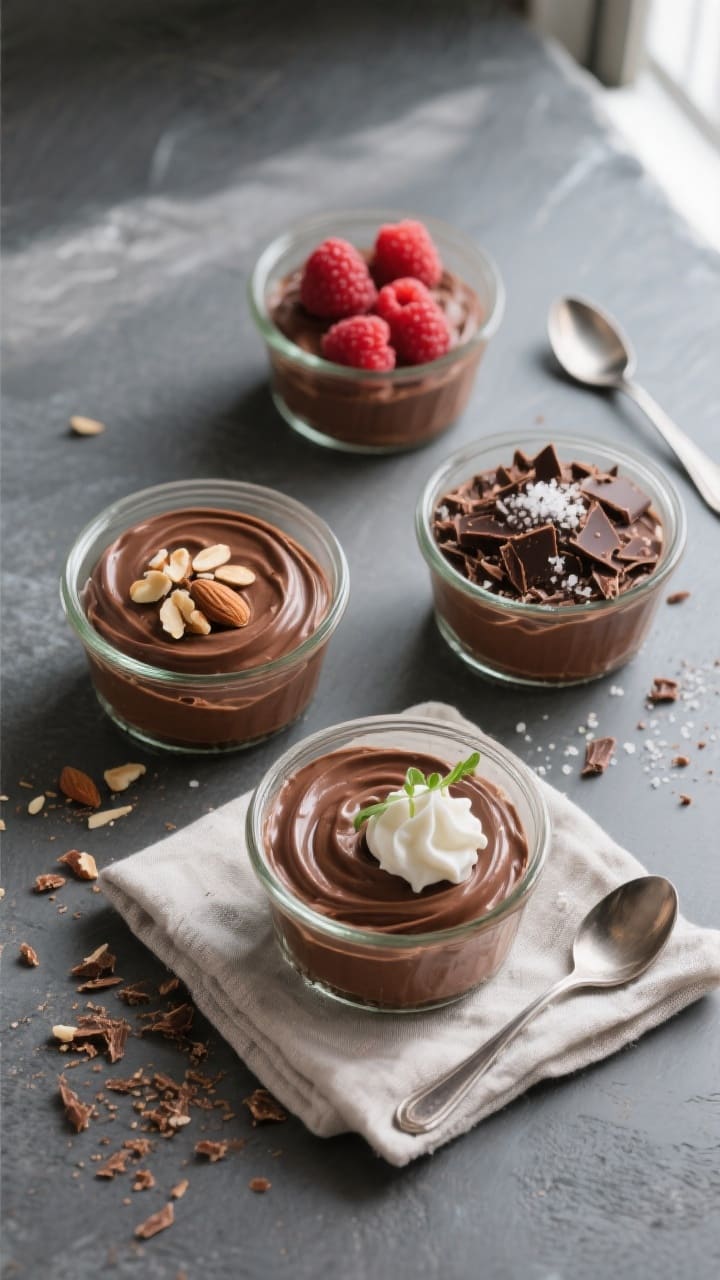 Final dish, tasty : Overhead shot of four small glass ramekins filled with set keto chocolate mousse