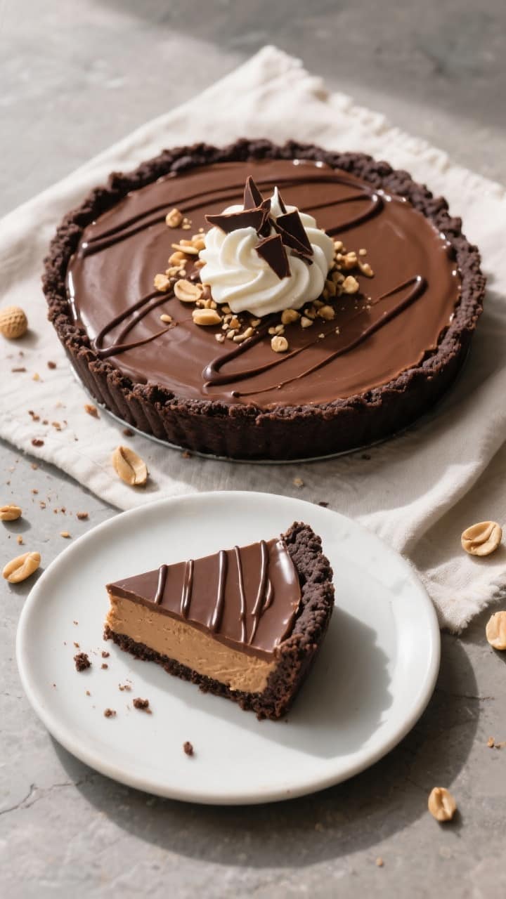 Final dish, tasty top view: Overhead shot of a fully set 5-ingredient chocolate peanut butter pie in