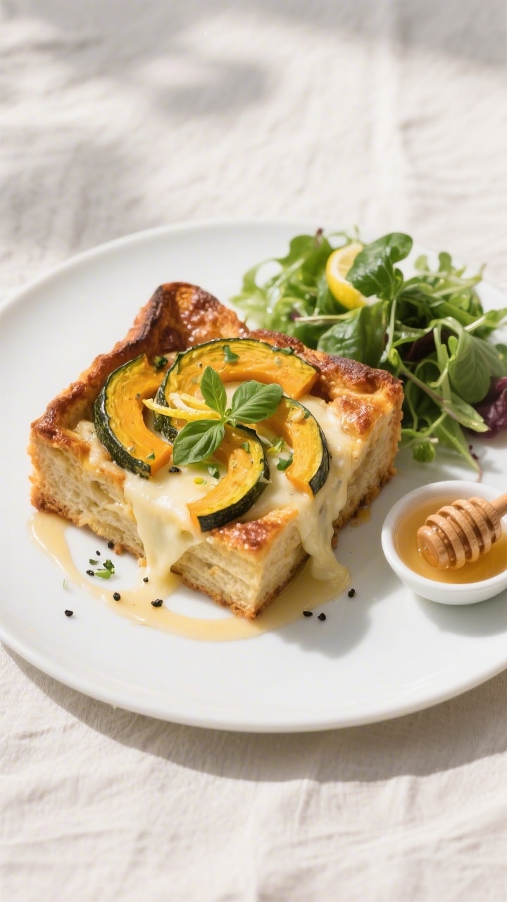 Final dish, tasty top view: Overhead shot of a plated square of savoury-sweet bread pudding on a mat