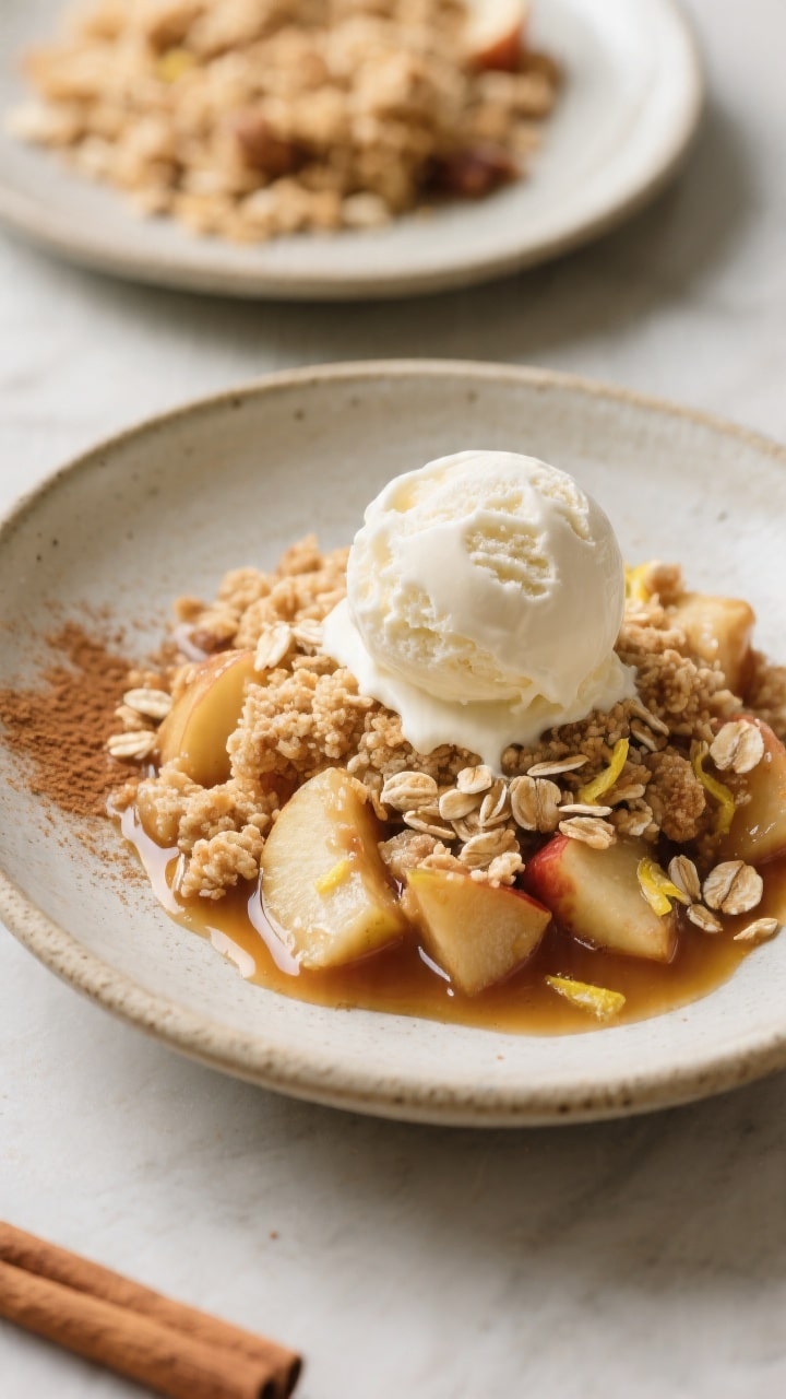 Final dish, tasty top view: Overhead shot of a warm serving of classic apple crumble in a shallow st