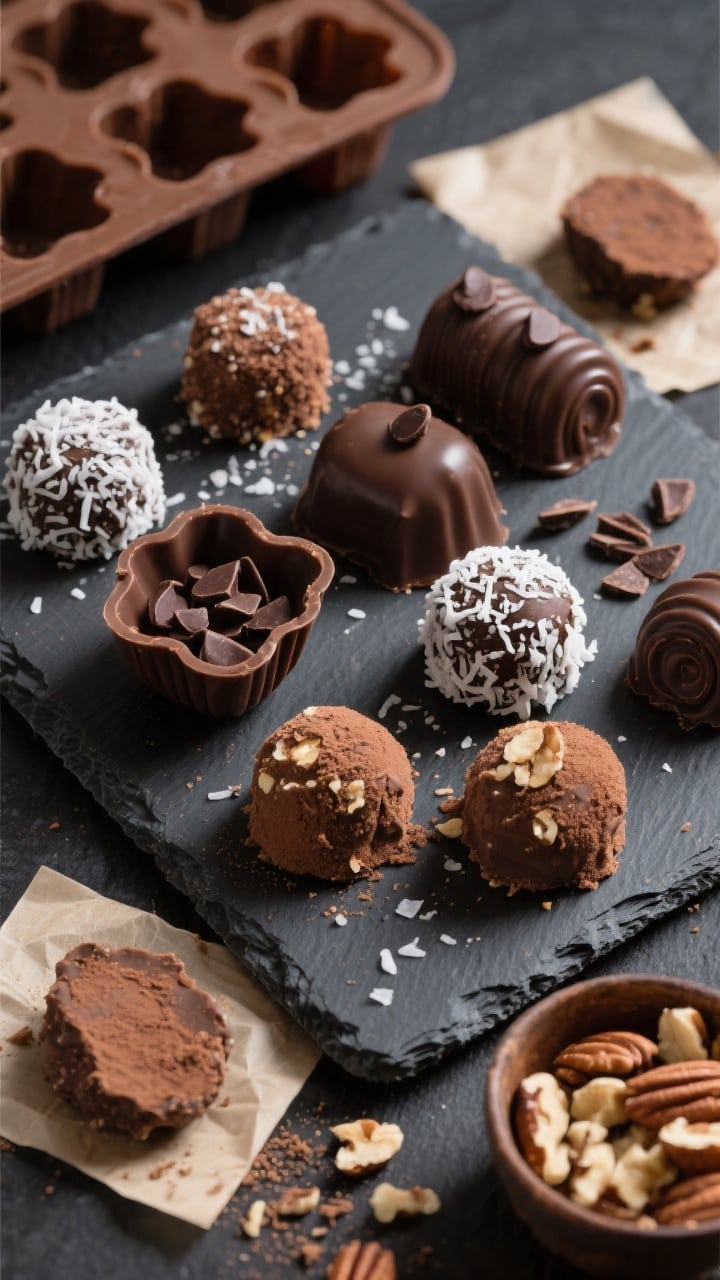 Final dish, tasty top view: Overhead shot of assorted keto fat bomb dessert bites set in mini silico