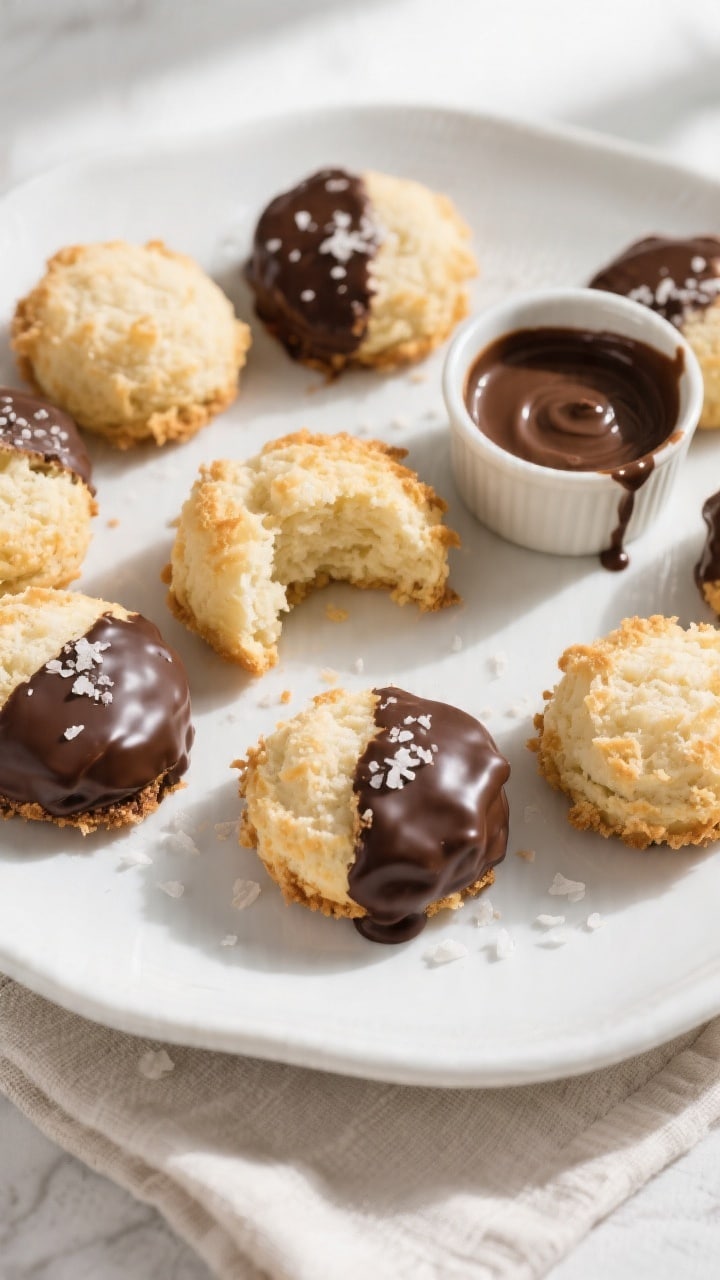Final dish, tasty top view: Overhead shot of finished coconut macaroons—some plain, some dipped on