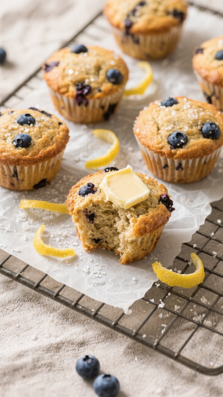 Final dish, tasty top view: Overhead shot of freshly baked almond flour keto blueberry muffins, tops