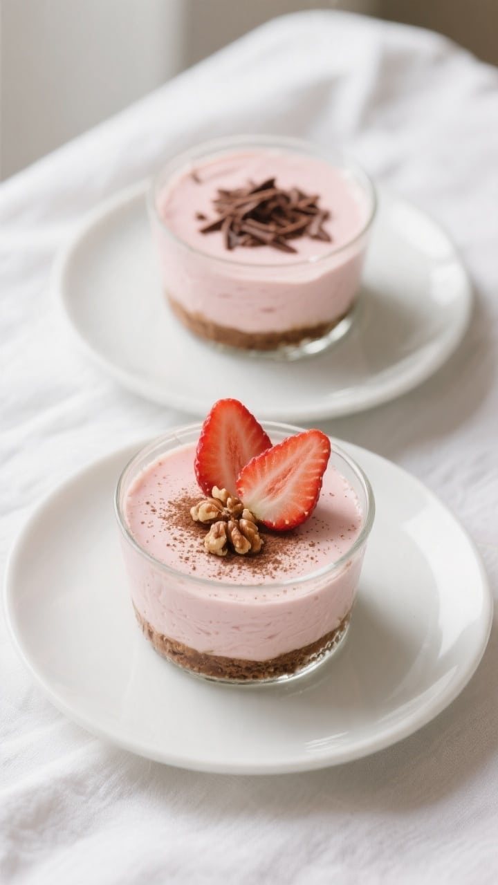 Final dish, tasty top view: Overhead shot of keto strawberry cheesecake mousse set in small glass de