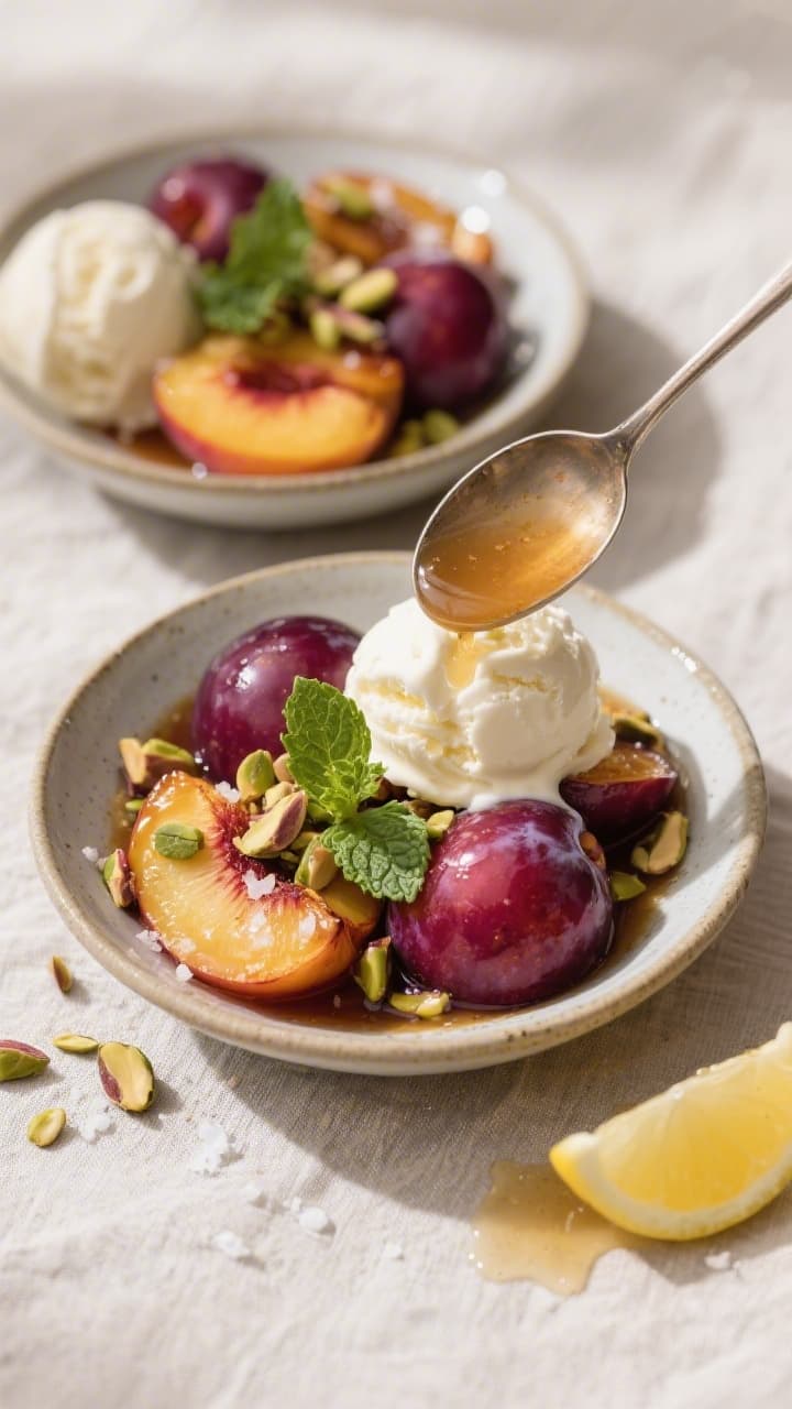 Final dish, tasty top view: Overhead shot of roasted peaches, nectarines, and plums served warm in s