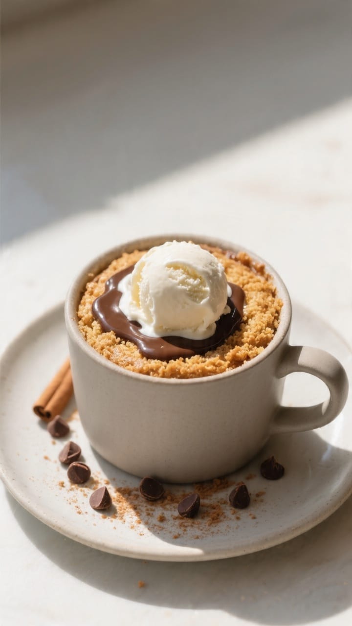Final dish, tasty top view: Overhead shot of the finished mug cake served in a neutral matte mug on 