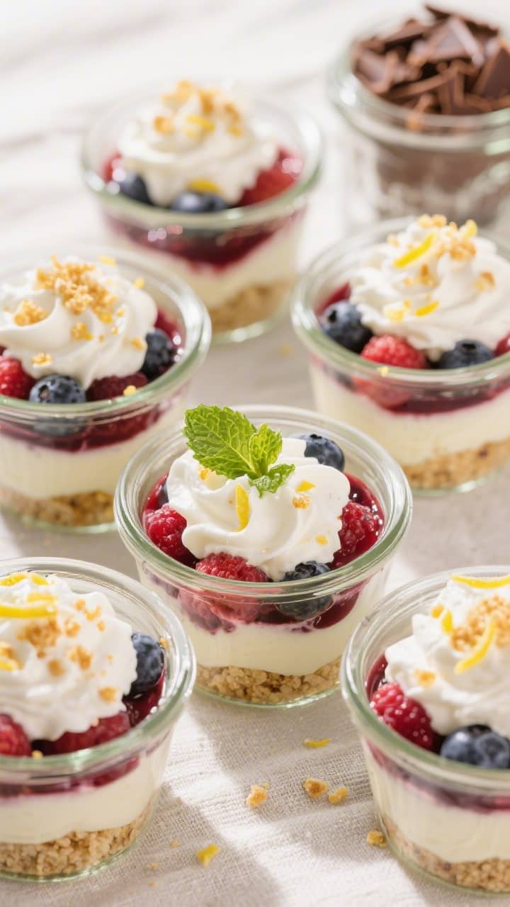 Final dish top-down: Overhead shot of finished Quick 5-Minute Berry Summer Pudding Cups—4 to 6 cle