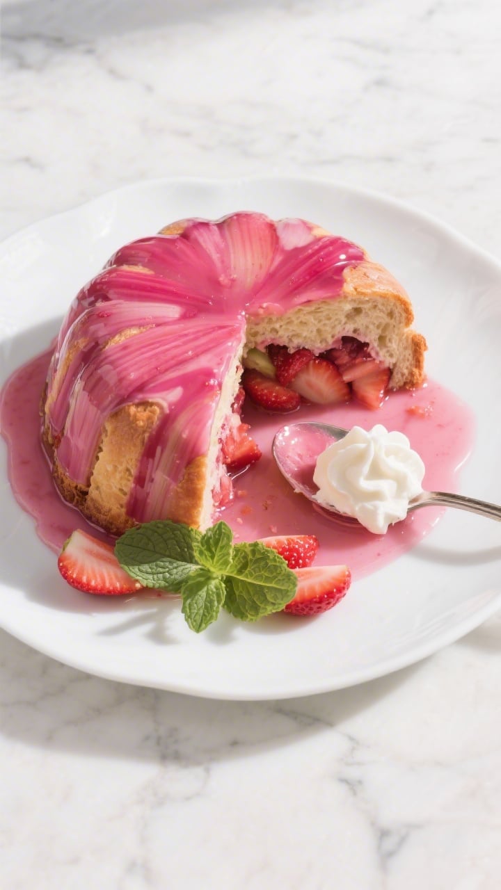 Final dish, top view: Overhead shot of an unmolded Rhubarb & Strawberry Summer Pudding on a white ce