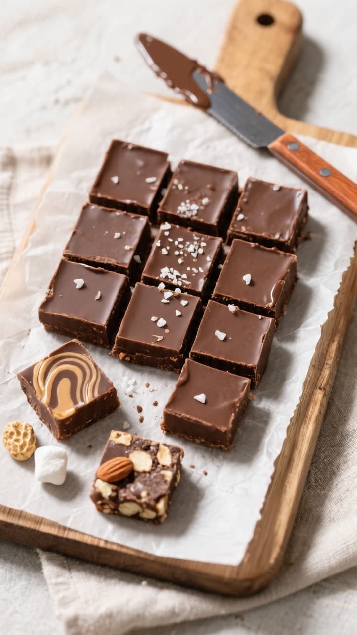 Final dish top-view: Overhead shot of perfectly set 3-ingredient chocolate fudge cut into neat 1-inc
