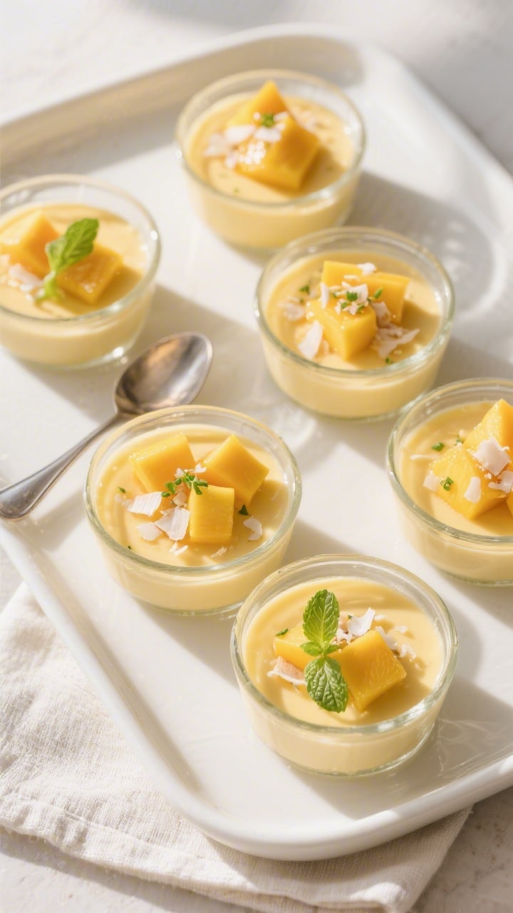 Final dish top view: Overhead shot of set mango coconut pudding in small clear glass ramekins, a sof