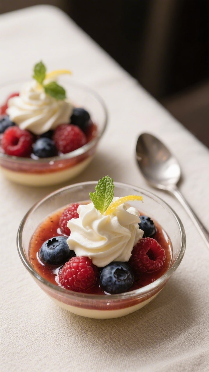 Final plated dessert, overhead shot: Warm mixed berry compote spooned into low glass dessert bowls, 