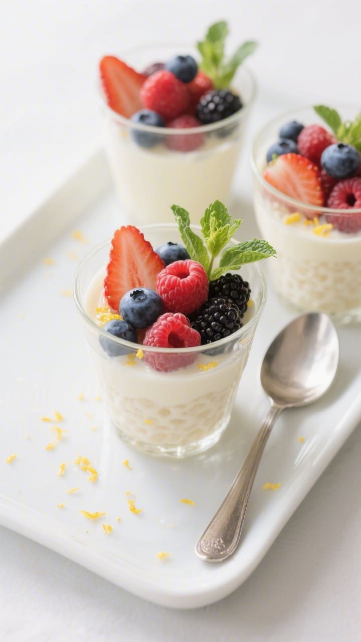 Final plated overhead: Chilled vanilla tapioca pudding in clear glass dessert cups, topped generousl