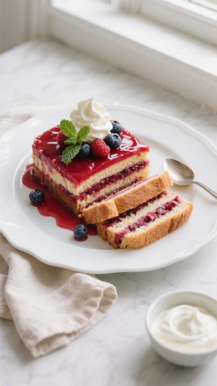 Final plated overhead: No-bake mixed berry summer pudding unmolded and sliced cleanly on a white cer