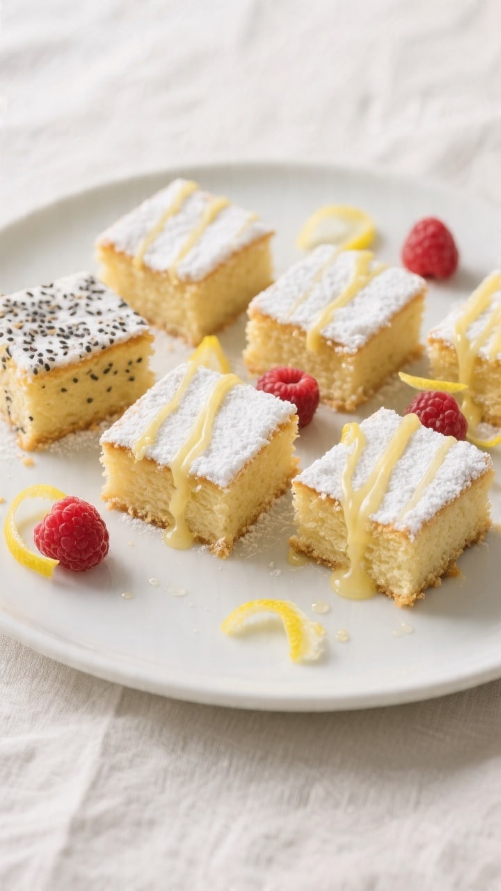 Final plated overhead: Overhead shot of neat squares of the 3 Ingredient Lemon Cake arranged on a ma